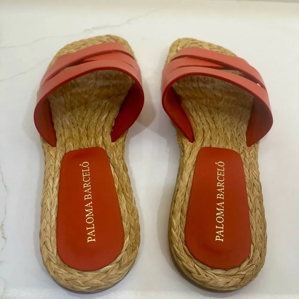 Paloma Barceló Coral/Orange Leather Espadrille Slide Sandals Made in Spain EU 36